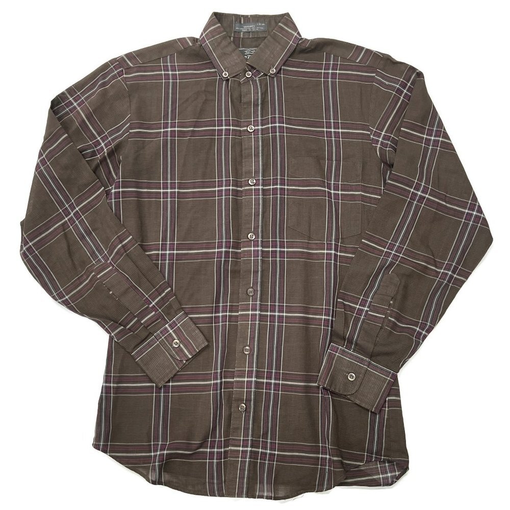 Le Tigre Button‎ Down Shirt Mens Small Lightweight Brown Check Plaid 14.5 L/S